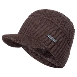 Cozy Fur-Lined Winter Beanie Cap with Brim - Unisex Knitted Hat - 54cm-62cm (Coffee)