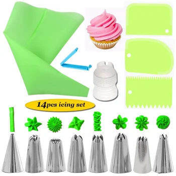 

14 Pieces Cake Decorating Kit With Stainless Steel Piping Nozzle Tips Pastry Bag Bag Clip Coupler Icing Smoother Spatulas