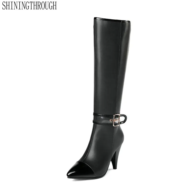 

Genuine Leather Women Knee High Boots Fashion Buckles Super High Heel Women Shoes Spring Autumn Zipper Party Ladies Shoes