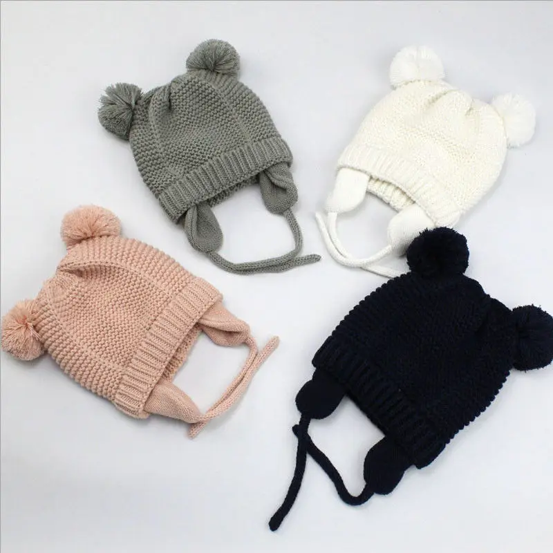 От 3 до 24 месяцев, шляпа на зиму осень для новорожденных мальчиков и девочек, теплые детские шапки с помпонами, вязаные однотонные детские шапки