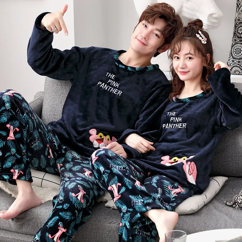 1 Корейские пижамы для женщин, парные пижамы, комплект, розовая пижама с принтом Пантеры, коралловый флис, длинный рукав, большой размер, костюм, домашняя одежда, пижама Mujer - Цвет: 1