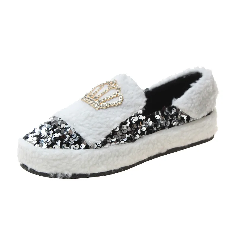 

Women's Flats 2019 Winter Fashion Sequins Slip on Woman Loafers Short Plush Warm Fur Female Flat Shoes Rubber Sole Loafer