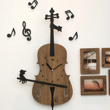 

Violin Decorative Wall Clock Home Decor for Kids Room Music Decoration Hanging Sticker Art Design Watch Photo Frame Included