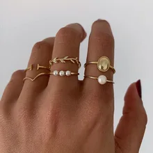 Bohemian 6pcs/sets Knuckle Women Rings Set Pearl Leaf Geometric Gold Color Finger Knuckle Ring Ladies Beach Party