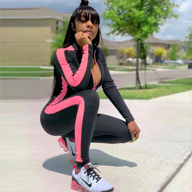 Pink Спортивный комбинезон для фитнеса, женские комбинезоны, тренировочный лоскутный комбинезон на молнии с длинным рукавом, осенняя одежда для активного отдыха - Цвет: Pink