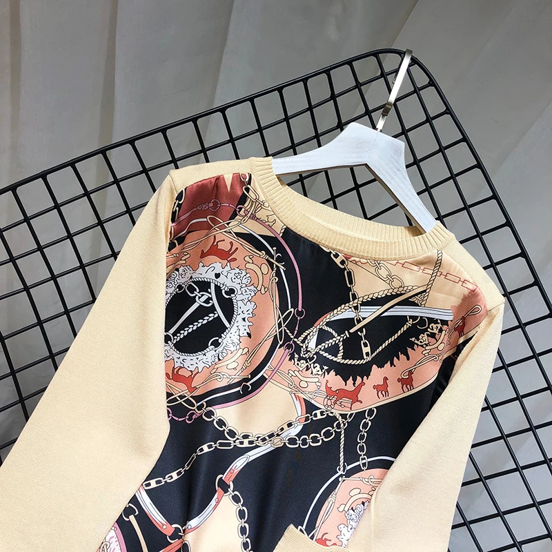 ALPHALMODA Мода Винтаж принтом сатиновый, пэчворк вязаный свитер с длинным рукавом Для женщин осень принтом стильный джемпер