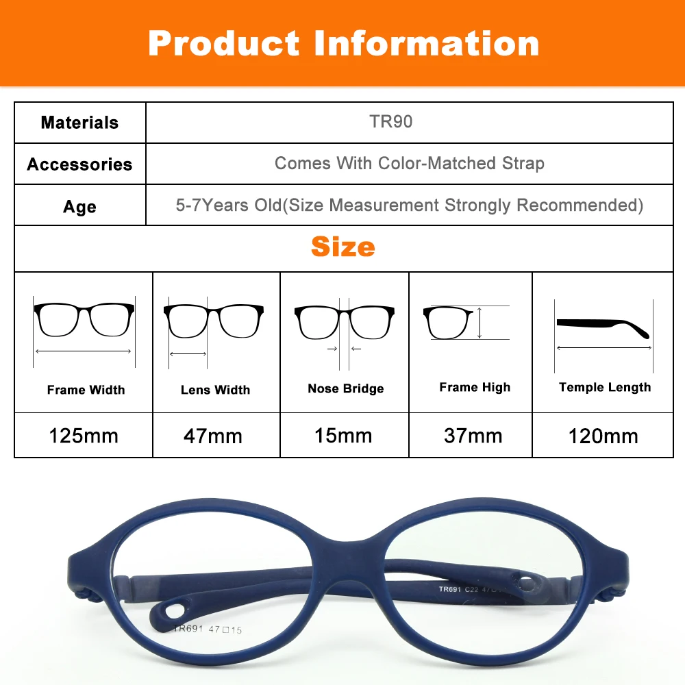 Kids Glasses One-piece Kids Glasses No Screw with Plano Lenses Size 47mm, Bendable Boy's Glasses & Strap, Durable Safe Children Frame