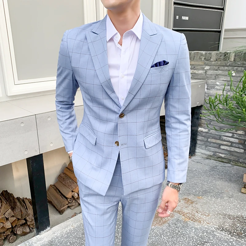 Los hombres de traje azul traje Khaki pantalones de diseño británico de trabajo de los hombres Ropa de baile de boda traje Casual chaqueta con pantalones 5XL