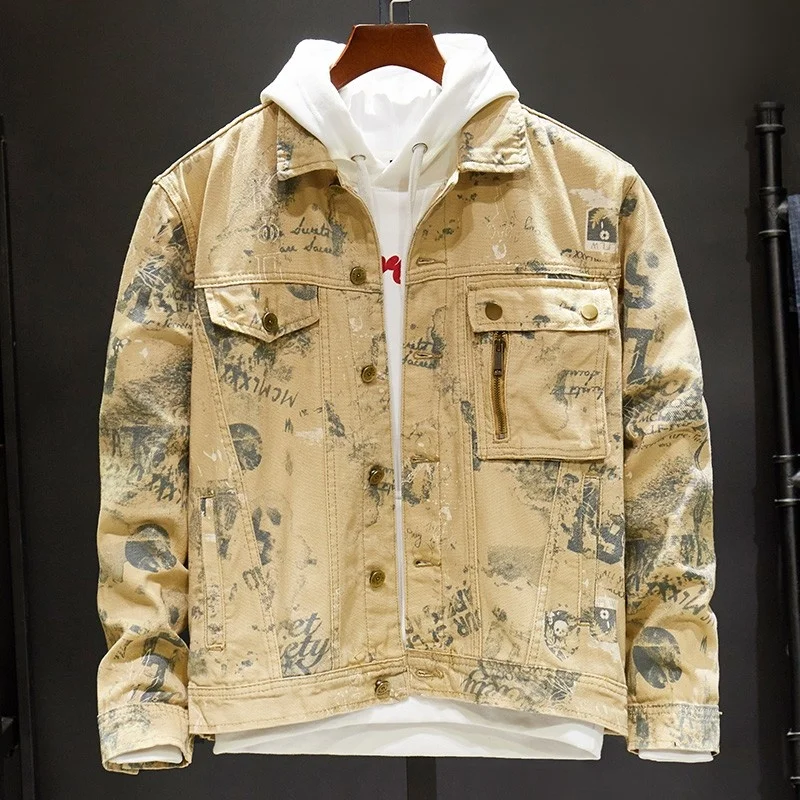 

Мужские джинсовые куртки с асимметричным камуфляжным принтом и вышивкой, осенние модные повседневные приталенные Мужские Винтажные пальто в Корейском стиле
