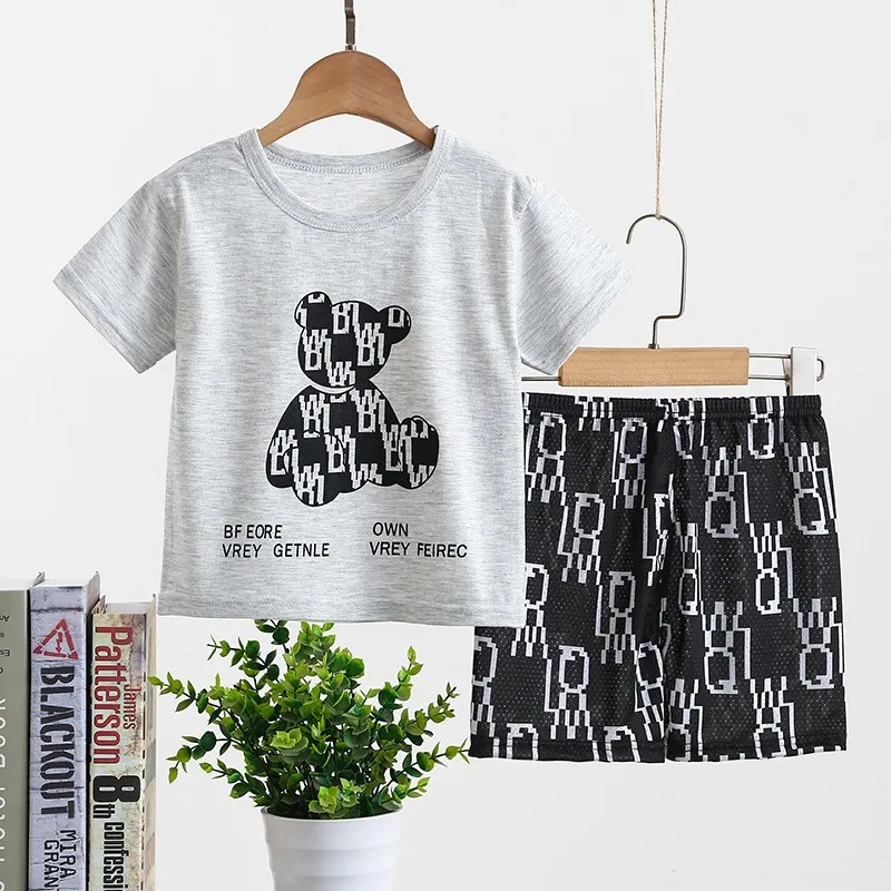 2pcs/set Fashion Boys Cartoon Black Bear Kids Suit Infantil Short Sleeve Clothes 2 Piece Set Girl Summer Outfits 1 2 3 4 5 Years