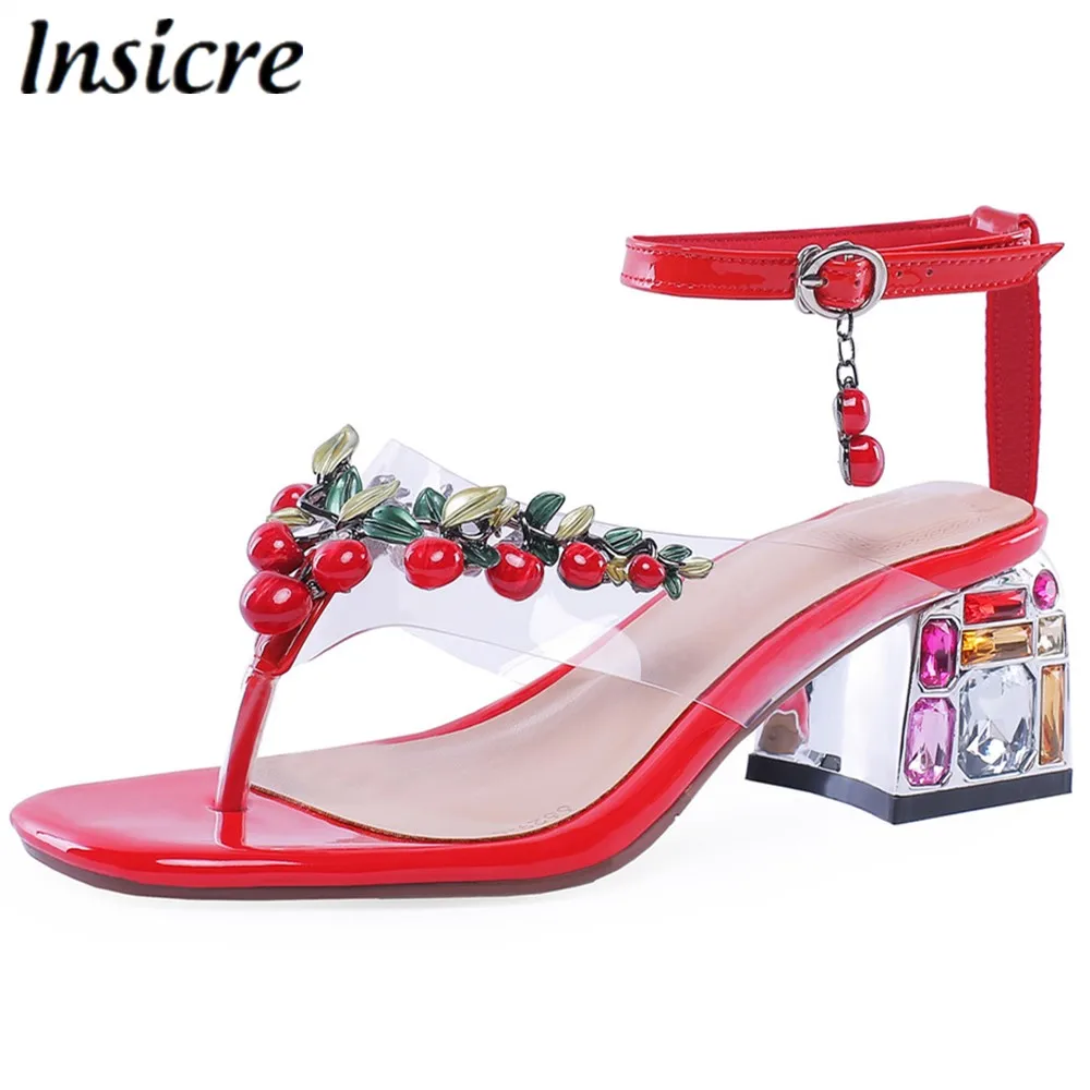 

Insicre Flip-Flops Women Sandals Cow Leather Thick Heel PVC Crystal Buckle 2020 Summer Dress Beaded Red Mid Heels 4.5 cm Size 43