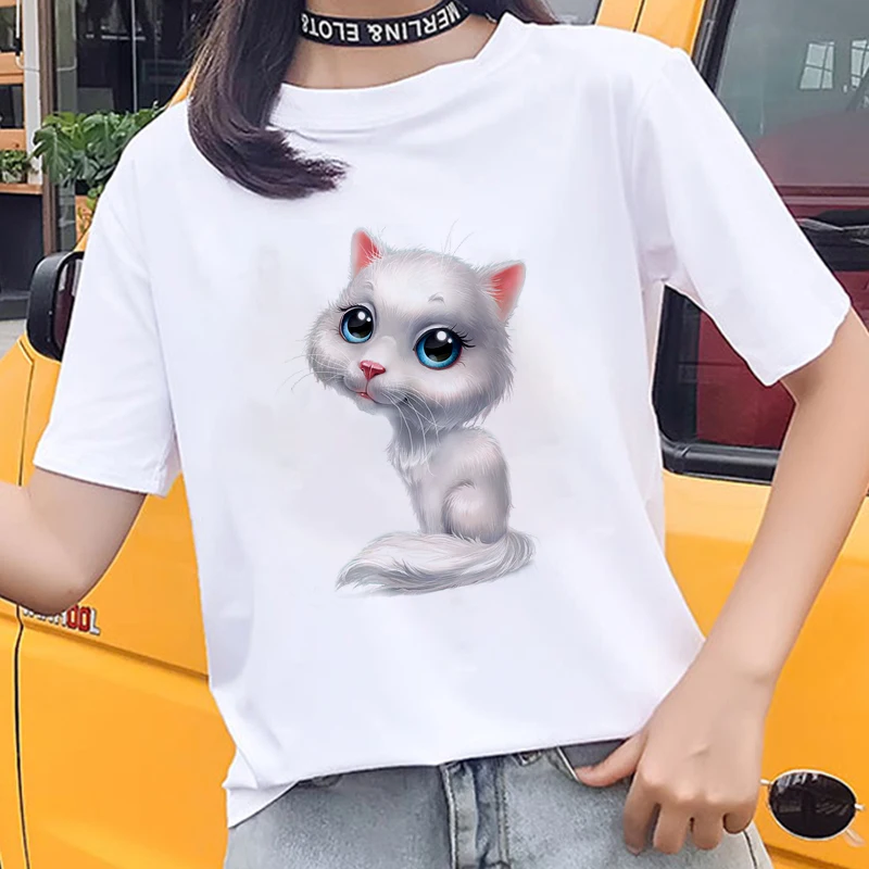Новая Милая забавная Футболка с принтом котенка Повседневная Женская Harajuku
