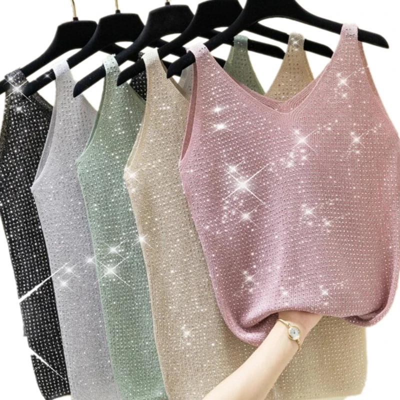 

Girl Women's Rhinestone Sequin Lace Tank Top Sling Camisole Vest Slim Sleeveless Vest casual Female Sexy Loose Solid 2019