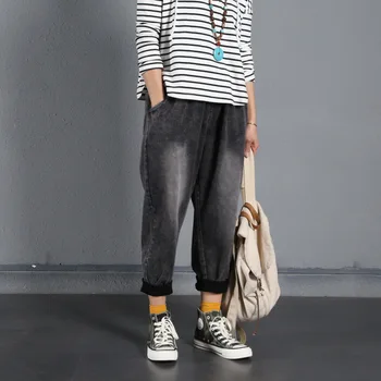 

2020 Women's Big Size Slim Casual Pants Washed White Jeans Haren Trousers Female Elastic Waist