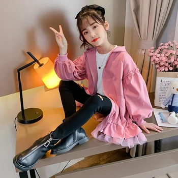 

Teenage Girls Casual Solid Pleated Lace Outwear Windbreaker Jacket Chic Korean Style Children's Wear Long Trench Coat Teen 12 14