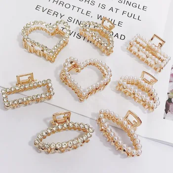 

New Arrivals Women Hair Claws Geometric Imitation Pearl Hairpin Crab Retro Heart Shape Crystal Hair Clips Hairdressing Tool