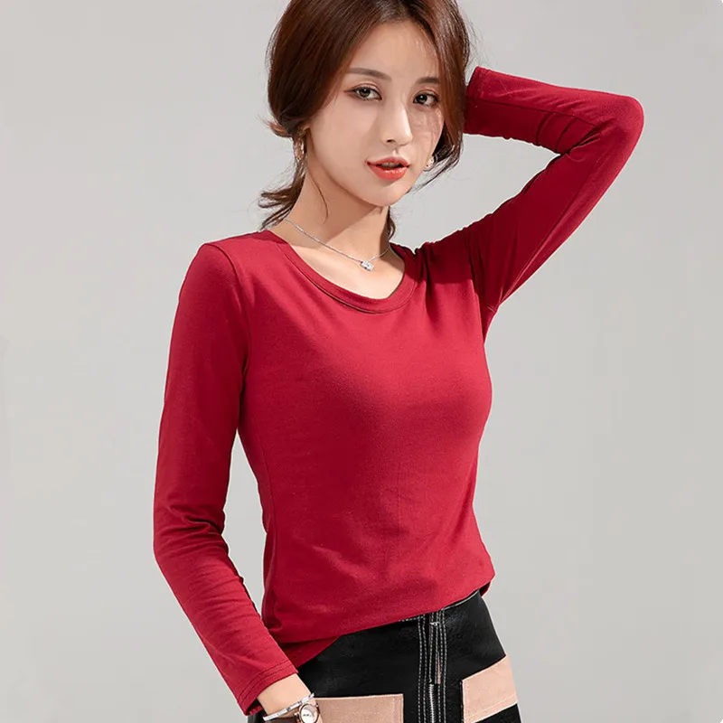 Fashion New Spring Women S-3XL O-Neck Long-Sleeve T Shirts Solid Color Cotton T-Shirt Office Lady Top Tees Clothing Party Gift