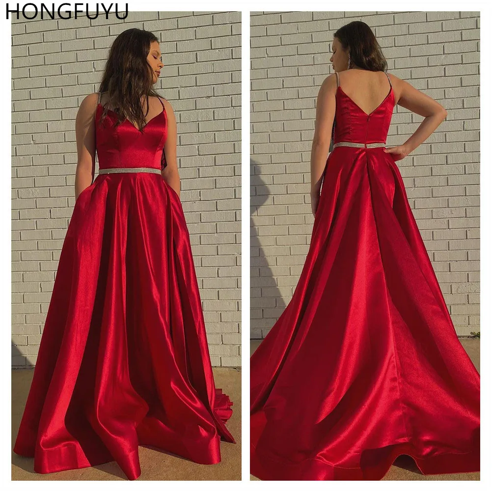 HONGFUYU Simple Red Prom Dresses 2020 vestidos de fiesta noche A Line Satin Pockets Evening Gowns gala jurken with Crystals | Свадьбы и