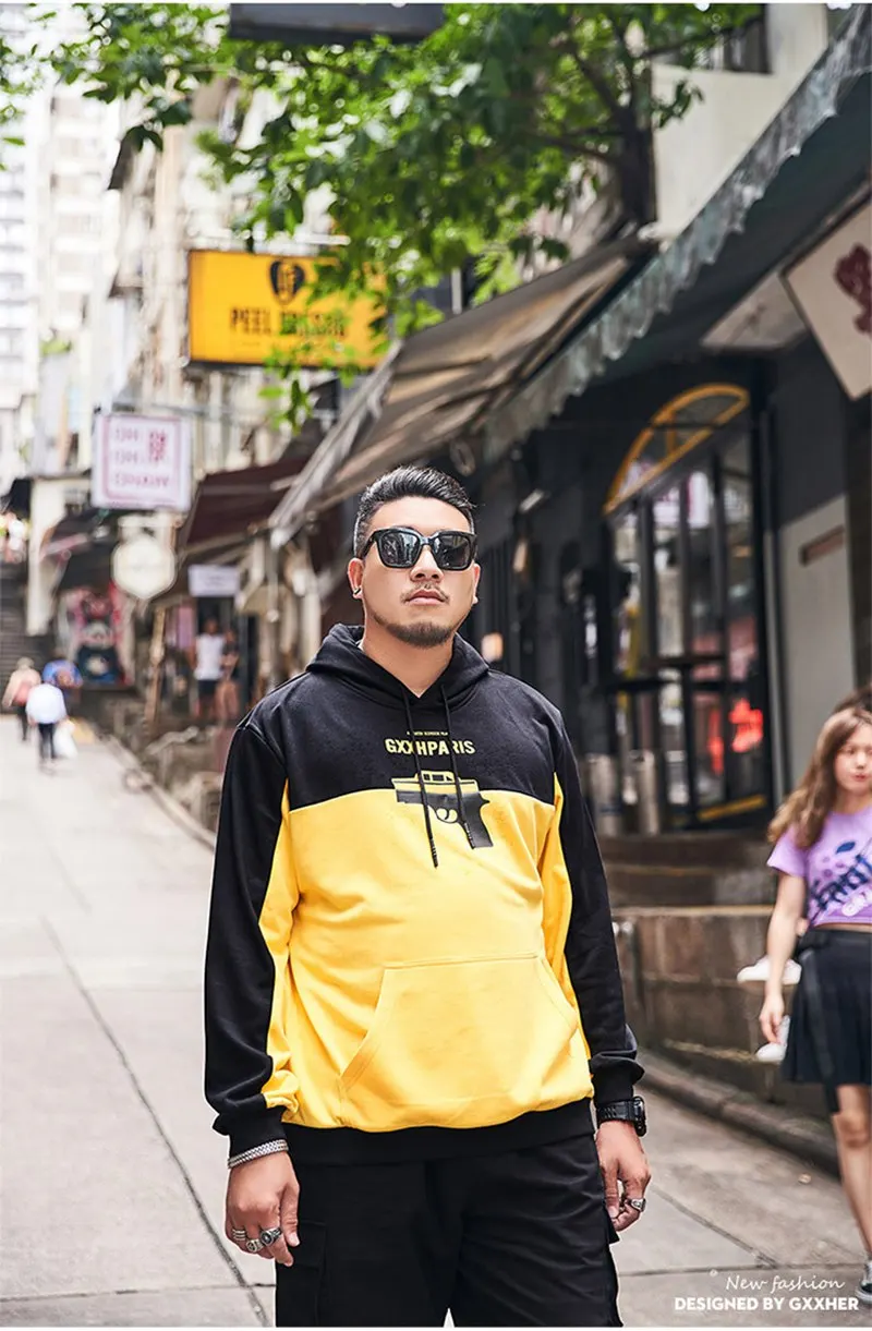 Large size men's tide brand yellow and black loose stitching personality printing stitching ferrules plus size hooded