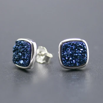 

GemsMall Genuine Blue Druzy Agate Earrings 925 Sterling Silver Drusy Fine Jewelry Ear Stud for Women Girl Simple Elegant Style