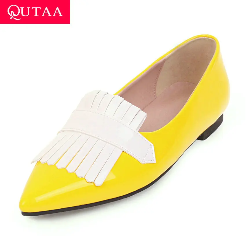 

QUTAA 2020 Square Low Heel Women Shoes Tassel Pointed Toe Ladies Pumps Mixed Color PU Leather Slip on Single Shoes Size 34-43
