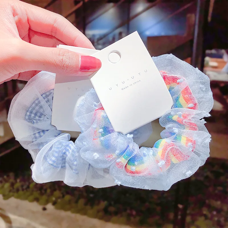 

Sweet Girls Blue Elastic Hair Bands for Women Scrunchie Ponytail Holder Rainbow Plaid Rubber Bands Hair Accessories
