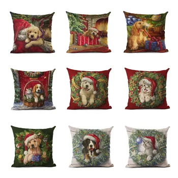

Christmas Decoration Pillow Cute Dogs and Cats Gift Cushion Cover Pillowcase Linen Christmas Tree Santa Claus Throw Pillow