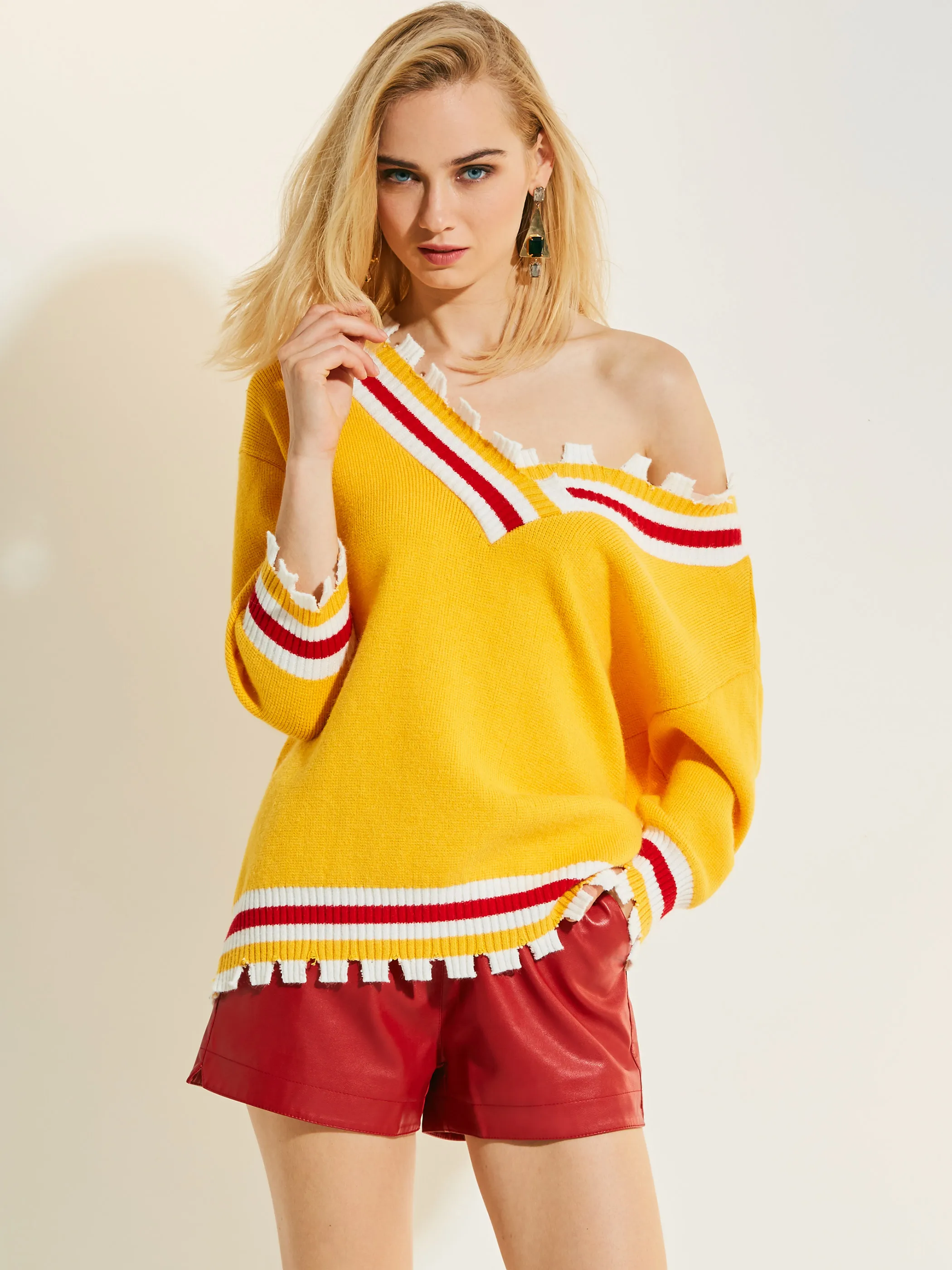 

Women Sweater Casual Knitwear 2020 Spring Fashion Yellow V Neck Long Sleeve Stripes Knitted Sweaters Slim Patchwork Pullovers