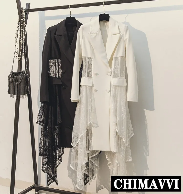 

Black Blazer Coat Women 2019 New Spring and Autumn Sexy Lace Stitching Mesh Irregular Long Suit Blazer Jacket Lady Windbreaker