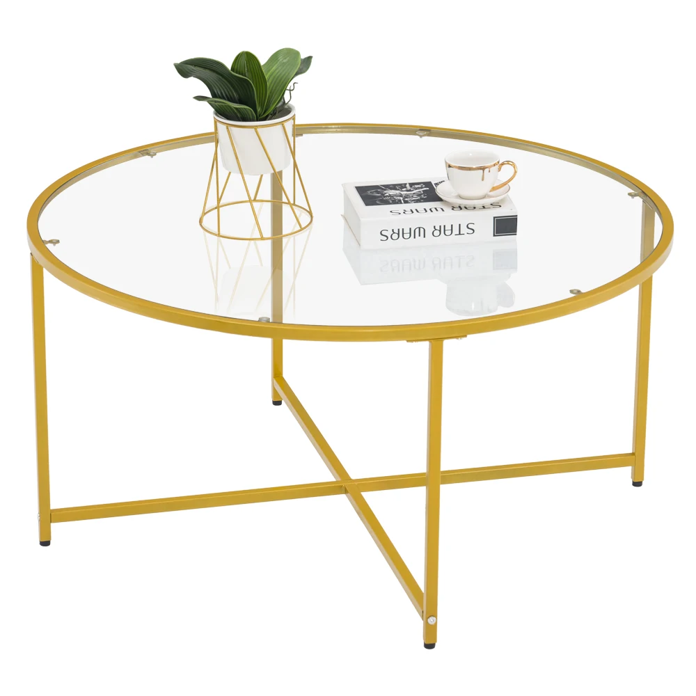 

[90 x 90 x 45]cm Simple Cross Foot Single Layer Round Edge Table Side Table Coffee Table gold coffee table 90 Round Gold
