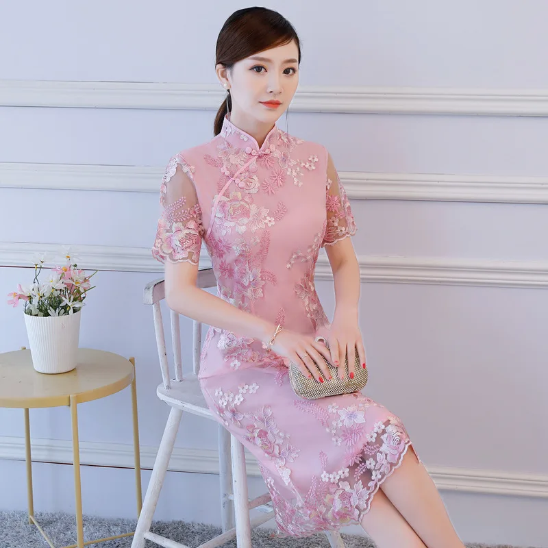 Spring New Style Short Sleeve Embroidery Fashion Improved Lace Cheongsam Double Layer Medium Length Dress Women's