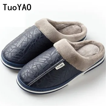 

2019 Men's Slippers Winter Leather Thick With Plush Home Waterproof Flats Warm Indoor Shoes Non-slip Slippers Lovers Fur Shoes