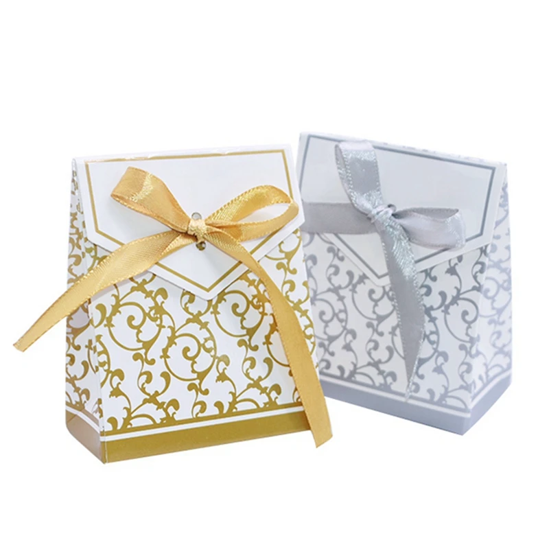 Caja de dorado y plateado para dulces, bolsa de regalo, embalaje de regalo de boda, recuerdos de Shower, suministros para fiestas de cumpleaños, caja de dulces de boda, 10 Uds.|Envoltorios