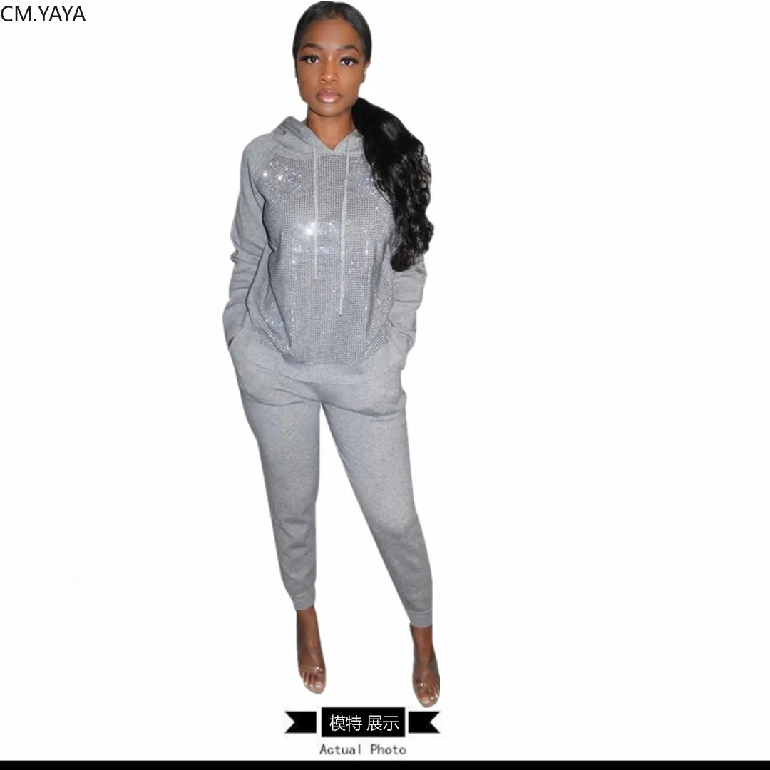 Осенне-зимний женский комплект с капюшоном длинными рукавами блестками топ и