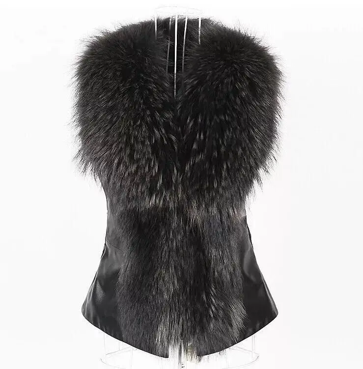 Women Leather Jacket Fur Collar Stitching Simulation Leather Oversized Raccoon Autumn Winter Solid Color Sleeveless Vest Coat