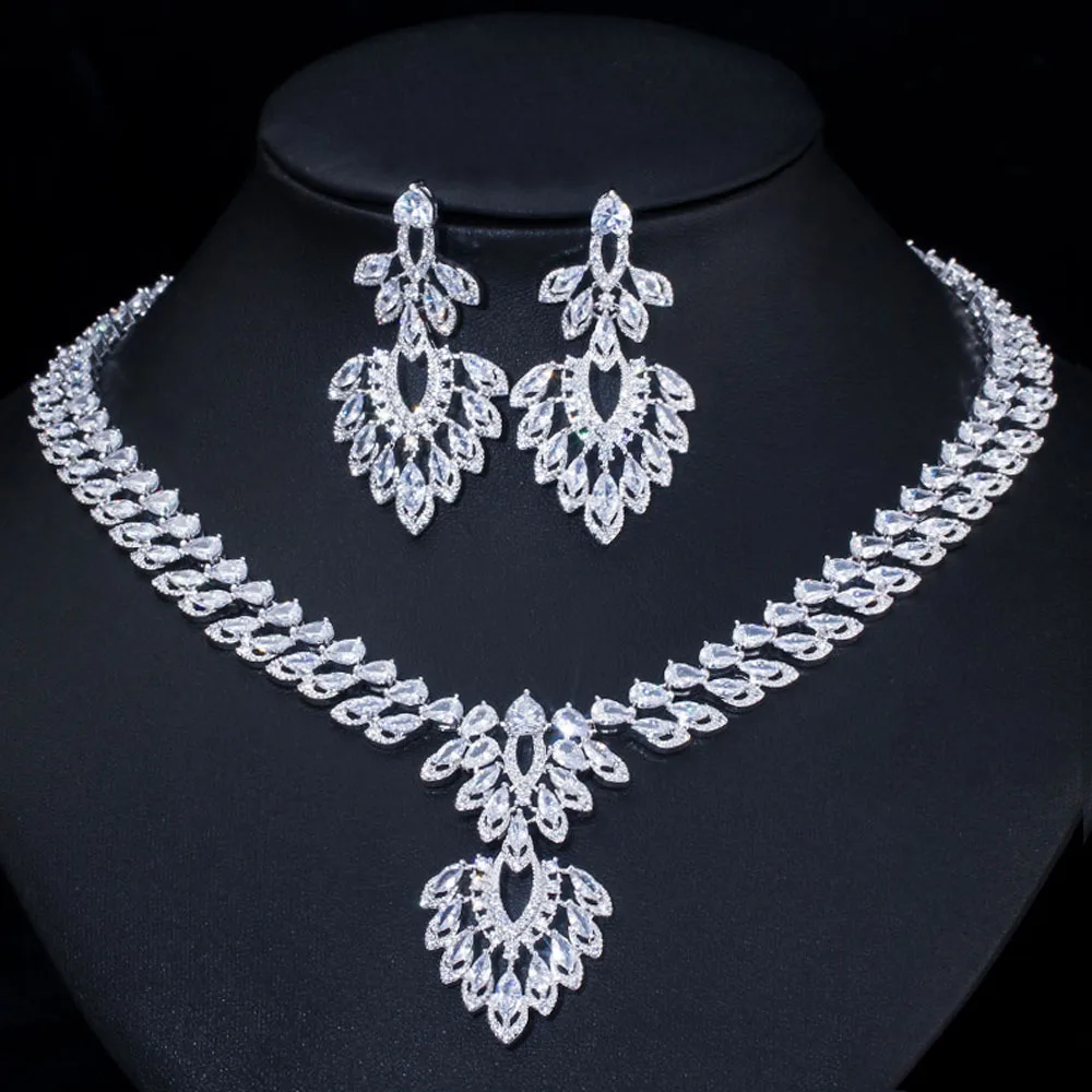 White ThreeGraces Великолепный Белый CZ Marquise Cut большая висячая люстра Висячие серьги и ожерелье свадебный комплект ювелирных изделий для невесты JS635 - Окраска металла: White