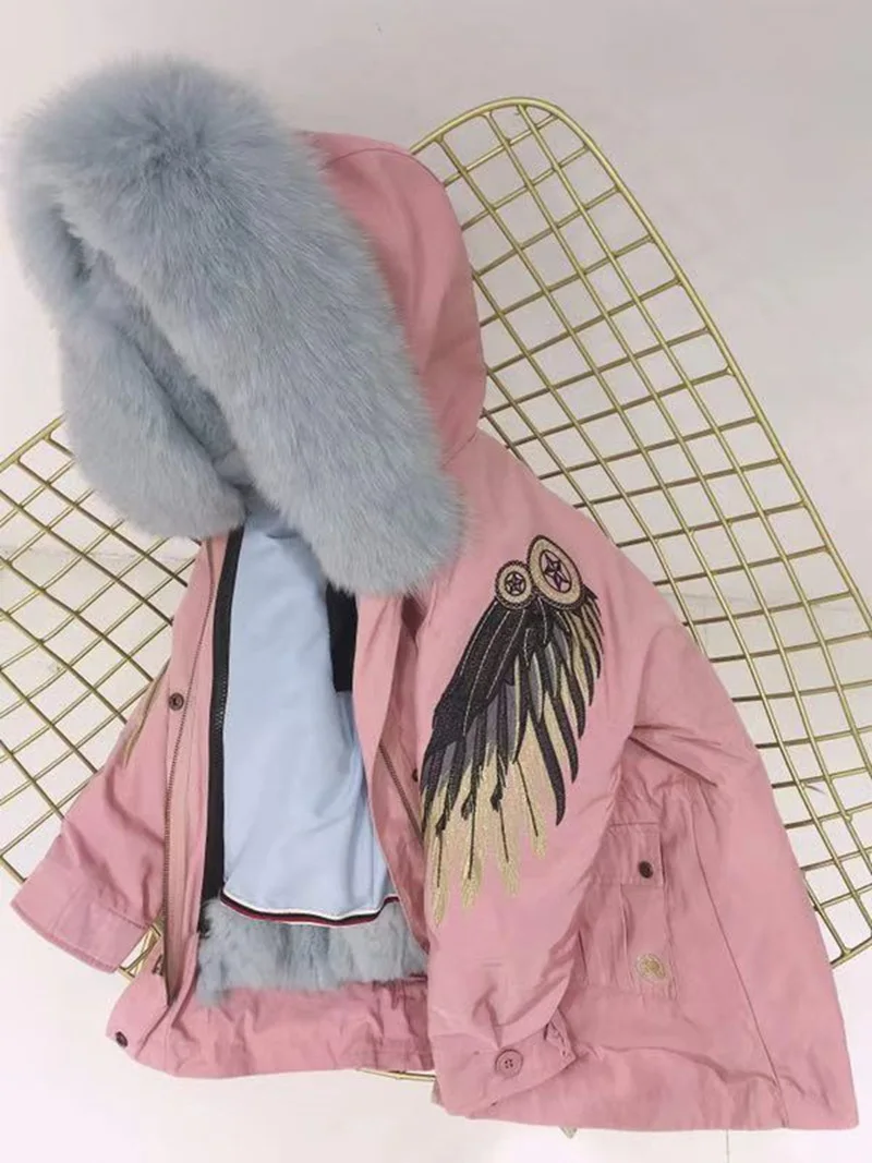 pink sky blue fur Детский зимний комбинезон, детская зимняя куртка и пальто для мальчиков и девочек, парки из натурального меха кролика рекс с натуральным лисьим мехом, верхняя одежда с капюшоном - Цвет: pink sky blue fur