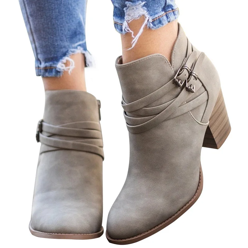 Oeak/Винтажные ботинки; женская обувь из искусственной кожи с пряжкой; женские короткие ботинки на квадратном каблуке; Модные ботильоны с острым носком; универсальная дышащая обувь; Новинка - Цвет: gray