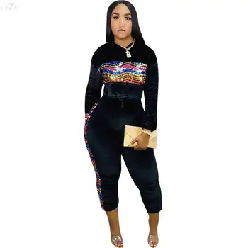 

Women Set Club Outfits Full Sleeve Suit Sequined Solid Velvet Two Piece Set Top And Pants Casual Fitness Tracksuit Women Outfits