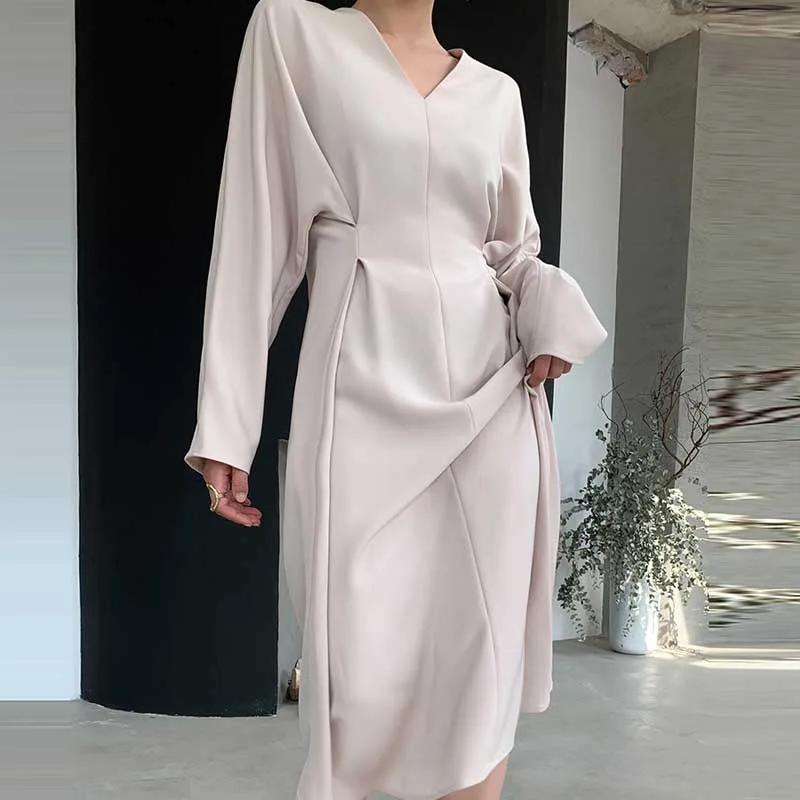 One-Piece For Female Spring Autumn Dress 2020 Vintage Korean V-Neck Waist Long Sleeves Dress Women Elegant Party Office Dresses
