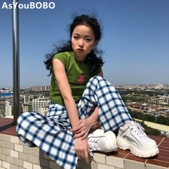 

Harajuku vintage ins hot plaid letters printting casual loose uf style korean high waist long pants pants women YQ-1160