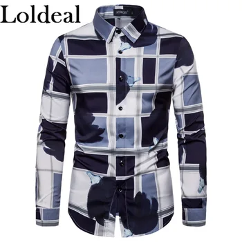

Loldeal New Fashion Abstract Print Shirt Long Sleeve Casual Shirt Lapel Slim Shirt Men