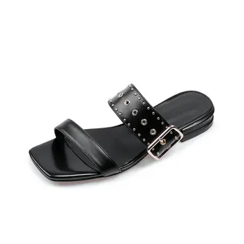 

Ladies Summer Women Slippers Genuine Leather Shoes Woman Low Heels Sandals Fashion Black Colors Casual Shoe