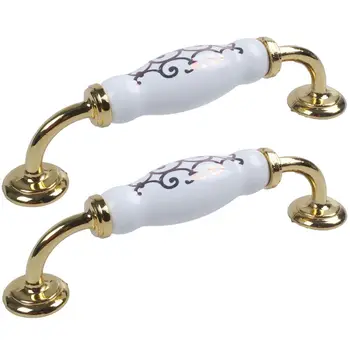 

1 Pair Gold Flower Print White Ceramics Door Drawer Handle Pull Knobs Gold-Zine Alloy Base (Tone Height: 128mm / 5.04inch)