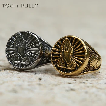 

Gold Silver Buddha Ring Finger Vintage Punk Rock Jewelry Retro Crow Heart Hand Together Men Women Birthday Gifts Couple Jewelry