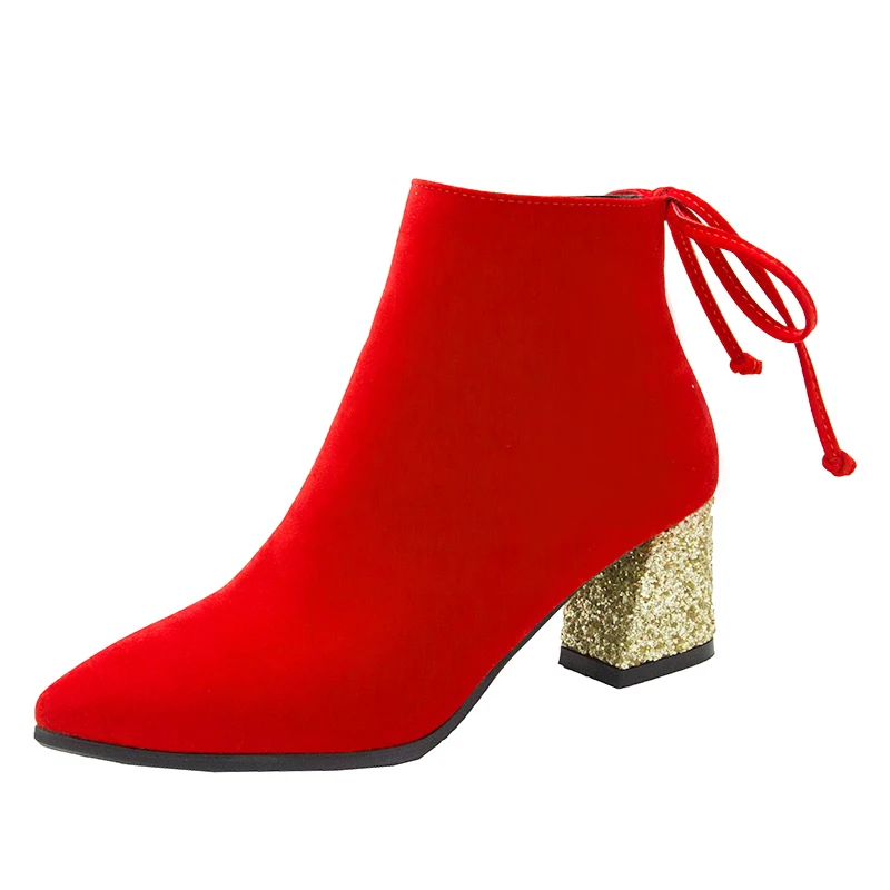 Женские ботинки на высоком каблуке повседневные Теплые ботильоны золотого цвета