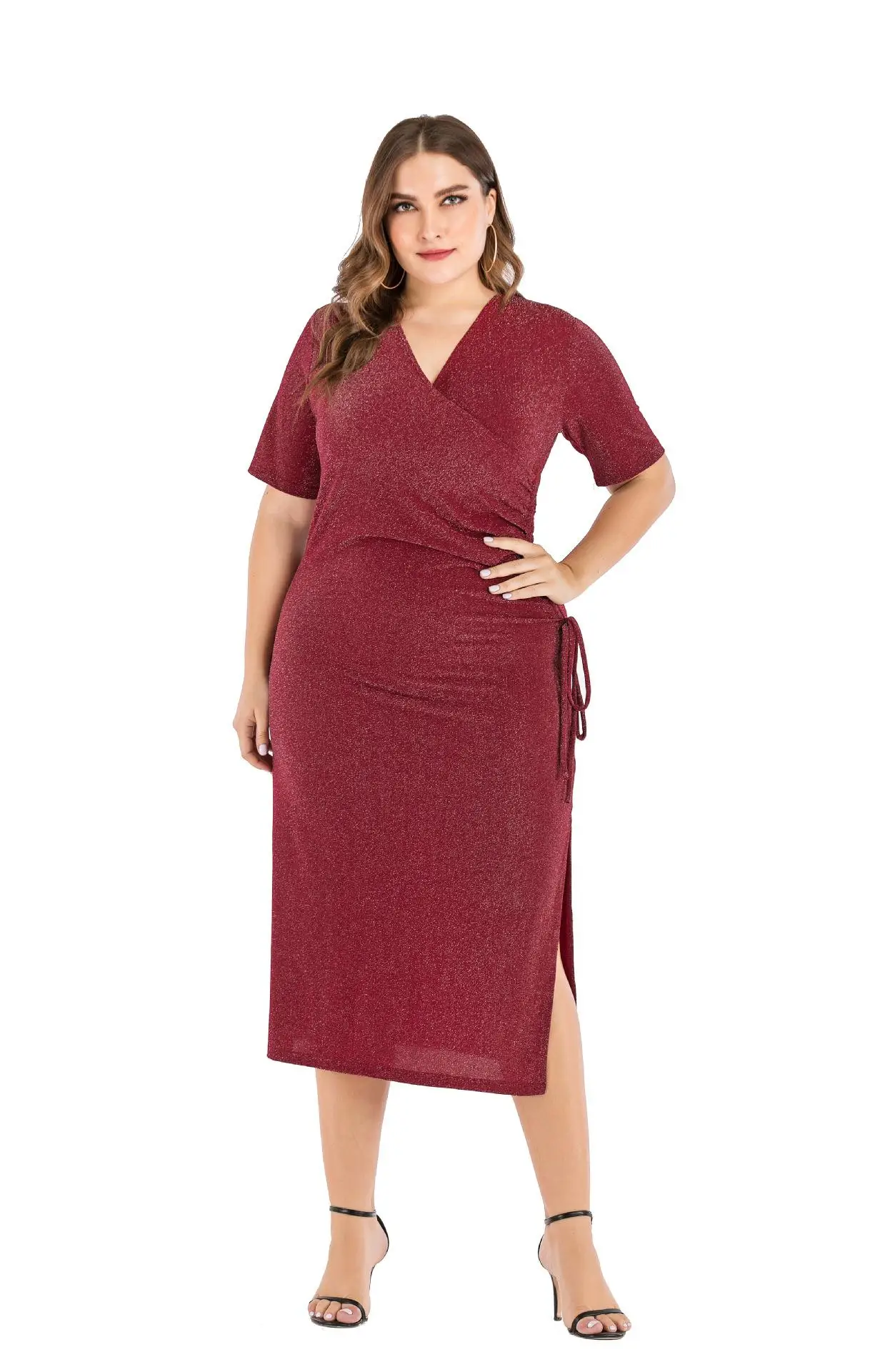 4XL 5XL женское весеннее блестящее платье большого размера элегантное офисное платье с v-образным вырезом и длинными Рюшами Плюс Размер облегающее женское Красное Ночное платье