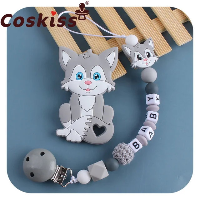 Coskiss Personalized Name Handmade Pacifier Clips Holder Chain Silicone Pacifier Chains Set Civet Cat Baby Teether Chain Gray