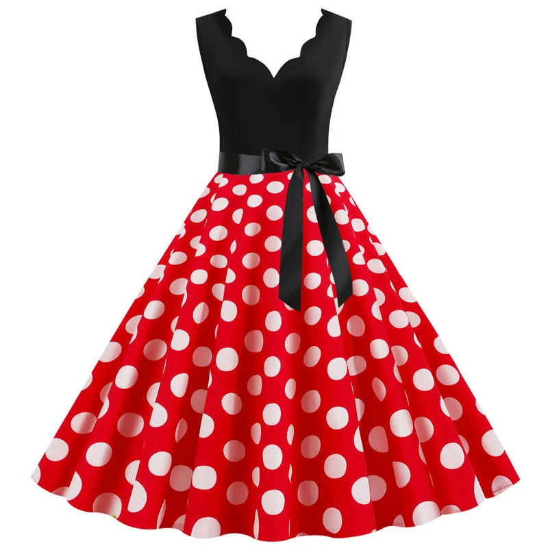 Women Retro Summer Dresses 50s 60s Sleeveless V-neck Polka Dot Bow