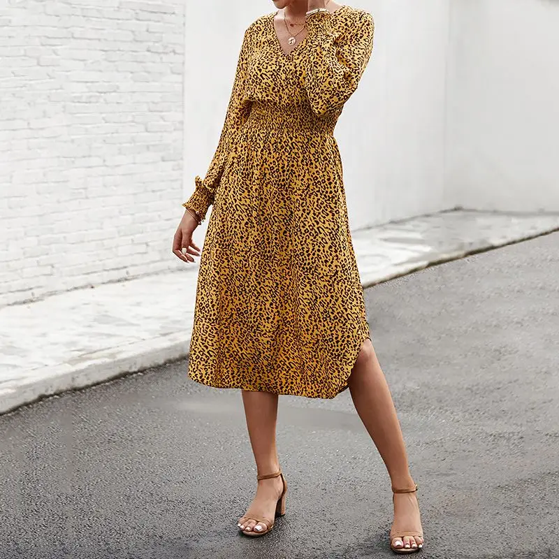 

Women Spring Autumn Chiffon Dress Leopard High Waist Elastic Bow Party Dress A-line Full Sleeve Flower Print Floral Dresses x